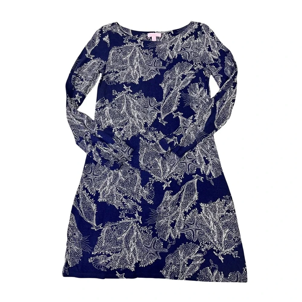 Lilly Pulitzer Navy White Coral Starfish Print Silk Cotton Shift‎ Dress Size M - Picture 2 of 11
